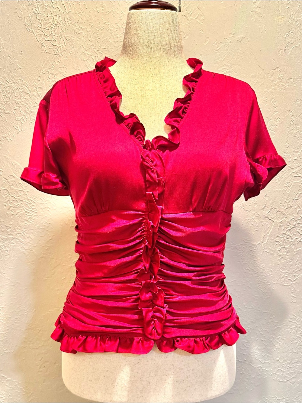 ANTONIO MELANI Ruby Red Silk Ruffled Ruched V-Neck Blouse